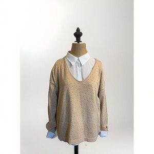 Gap Sweater Tan Brown White Dots V-neck Long Sleeves M Y2K Academia Vanilla Girl